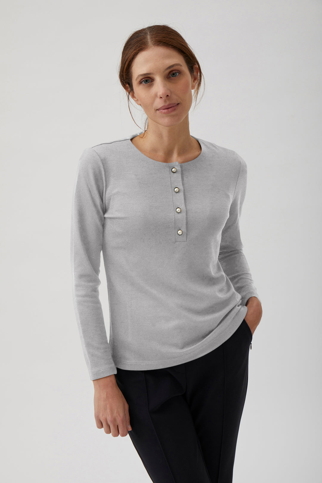 Henley blouse with pearl buttons - Light Grey