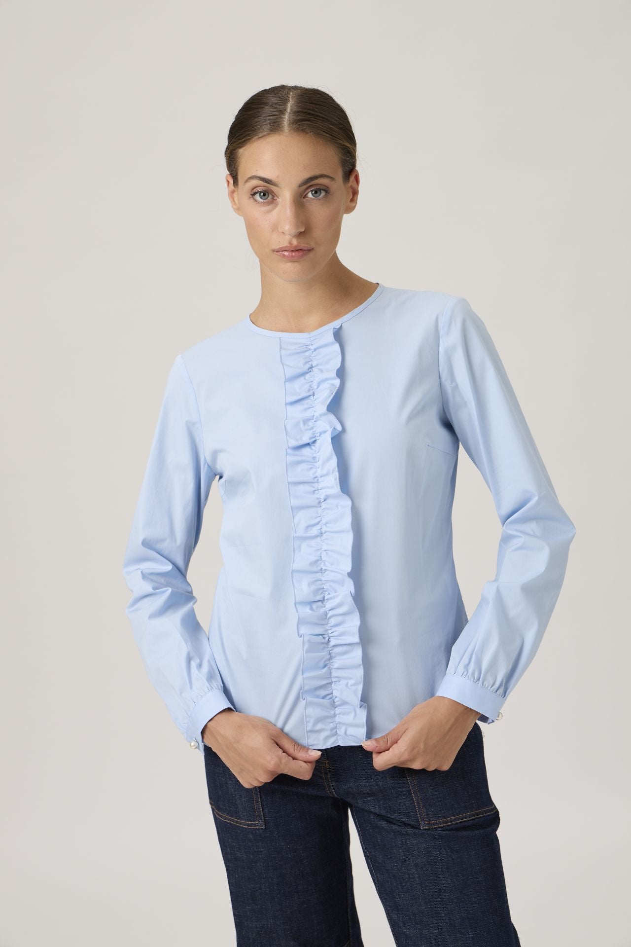 Classic blouse with ruffles - 208 Azurro
