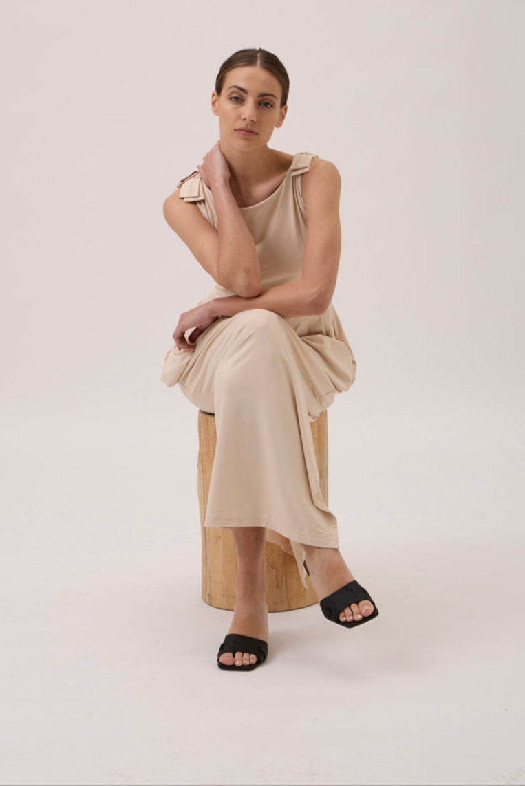 Sleeveless Maxi Dress with Shoulder Bows - Peanut