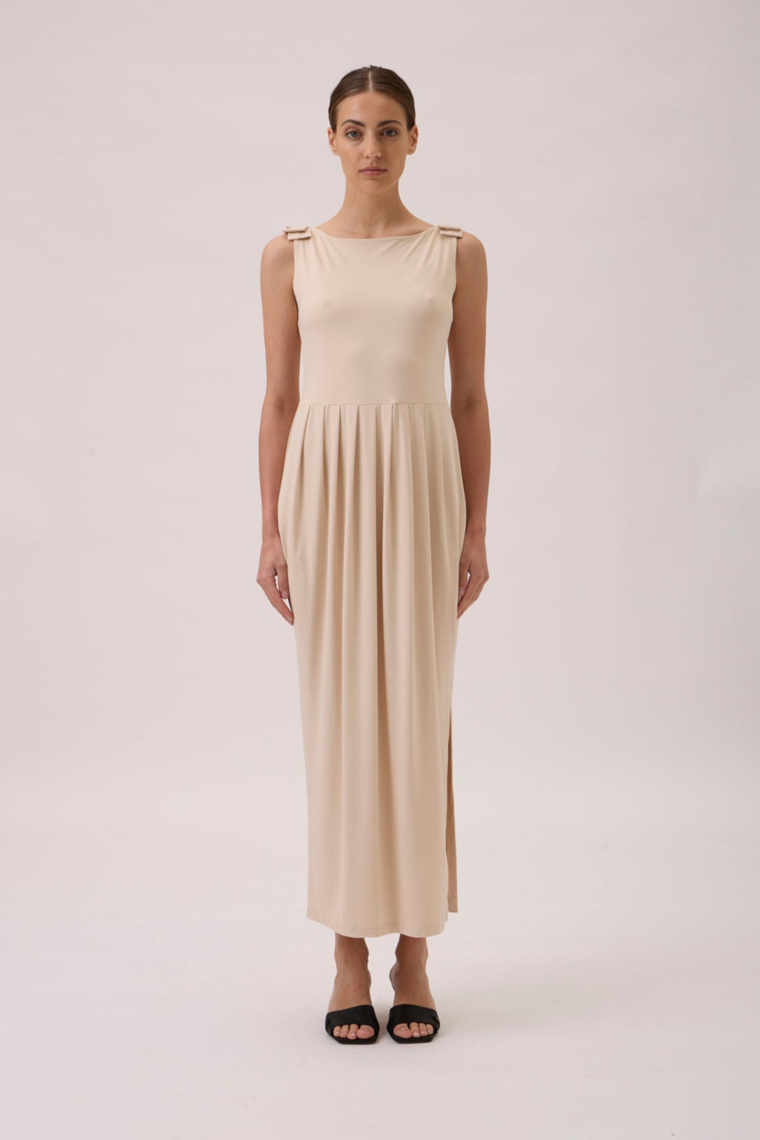 Sleeveless Maxi Dress with Shoulder Bows - Peanut