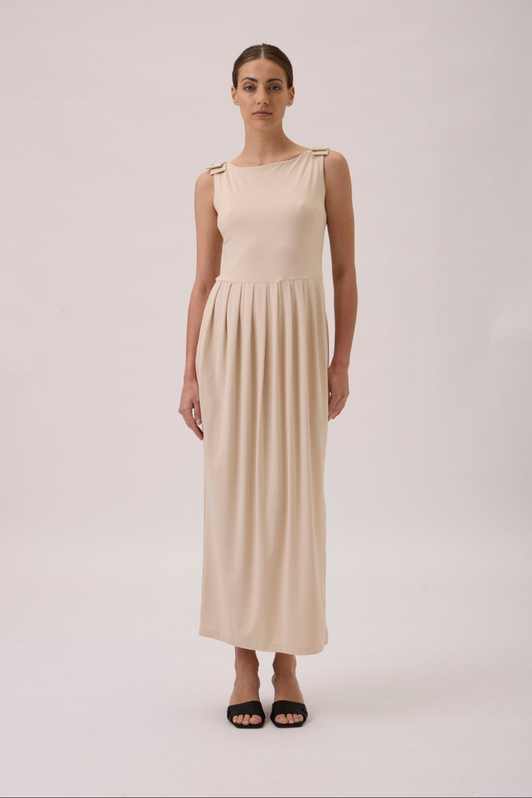 Sleeveless Maxi Dress with Shoulder Bows - Peanut