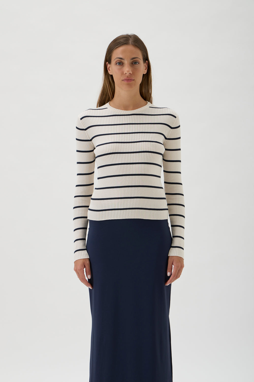 A slim-fit ribbed long sleeved sweater with a round neckline - Agusta 7068 Navy Stripes