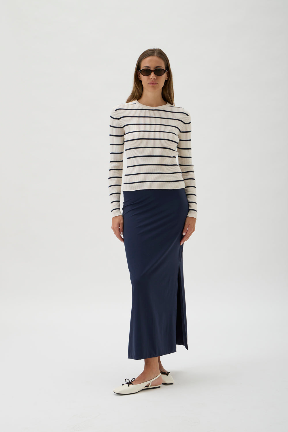 A slim-fit ribbed long sleeved sweater with a round neckline - Agusta 7068 Navy Stripes