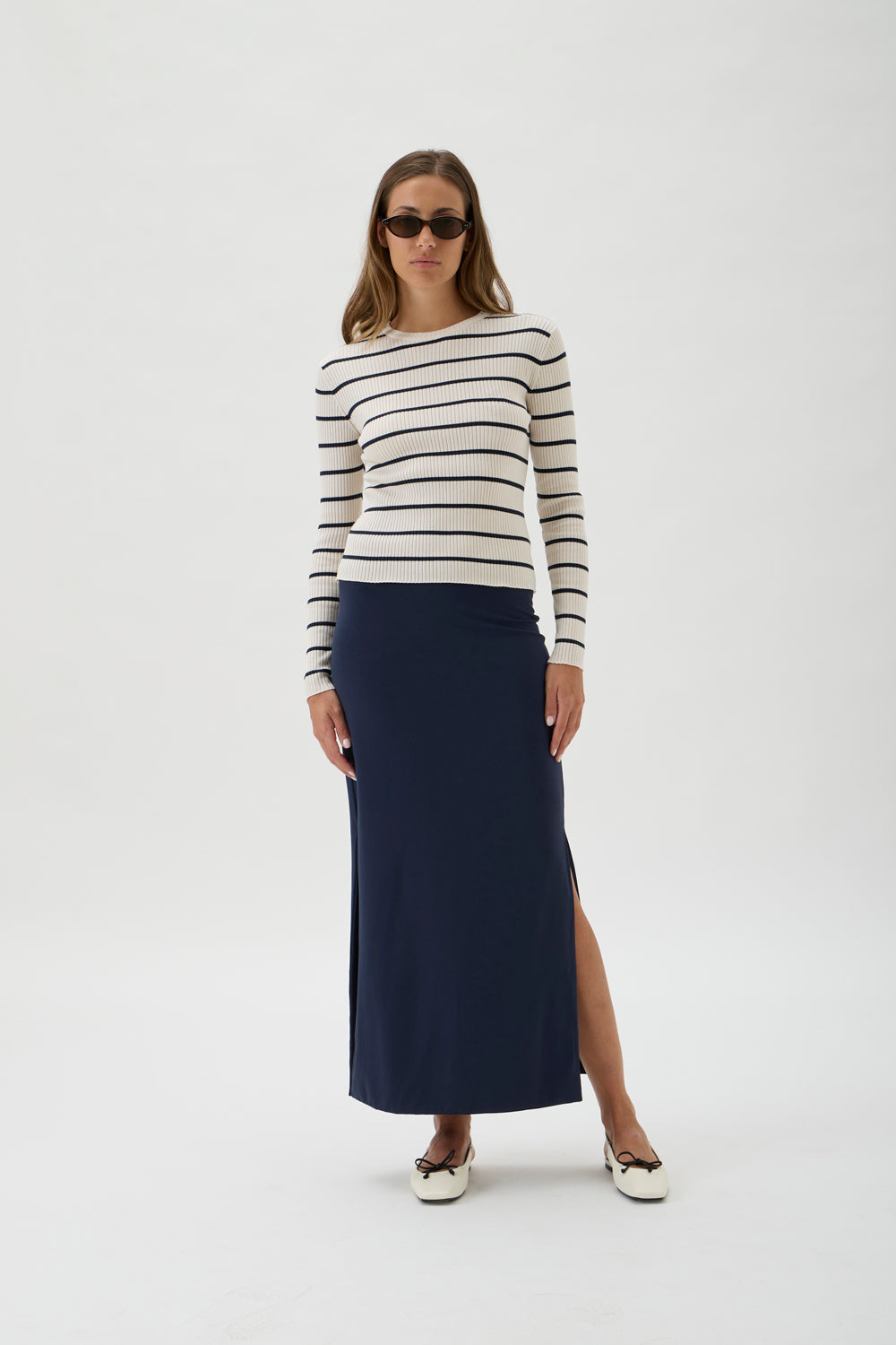 A slim-fit ribbed long sleeved sweater with a round neckline - Agusta 7068 Navy Stripes