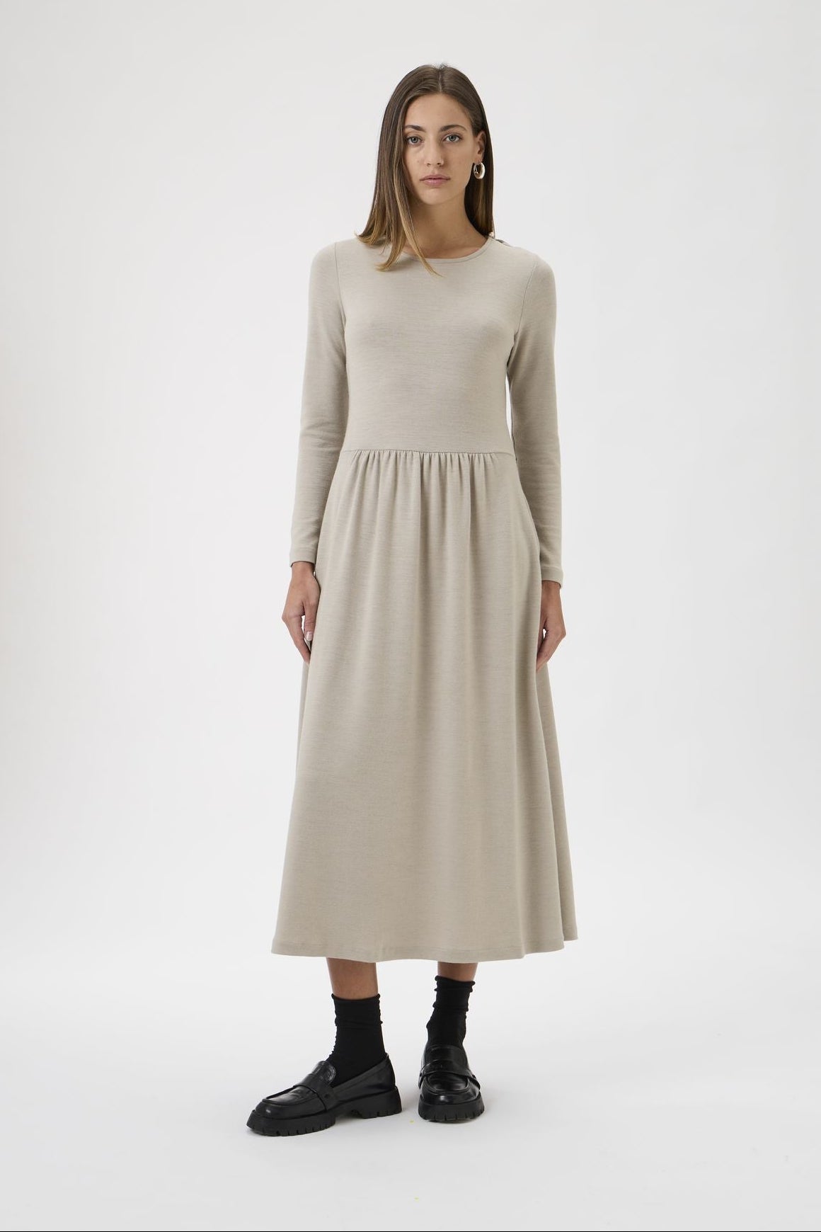 Gug Dress Open Round Neck Long Sleeves Medium - 9483 Beige