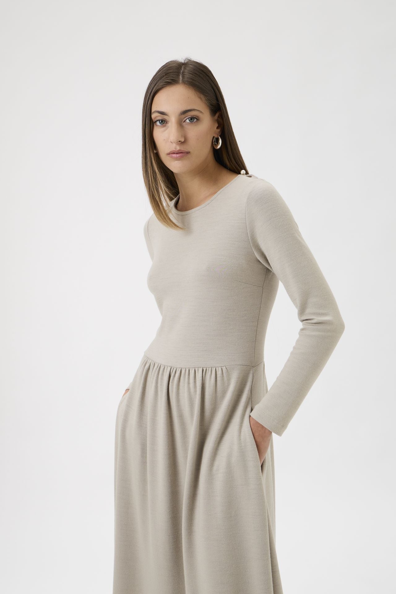 Gug Dress Open Round Neck Long Sleeves Medium - 9483 Beige