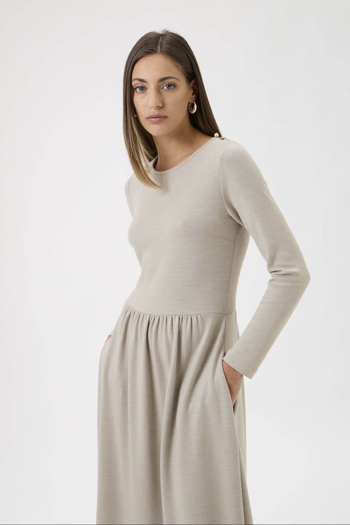 Gug Dress Open Round Neck Long Sleeves Medium - 9483 Beige