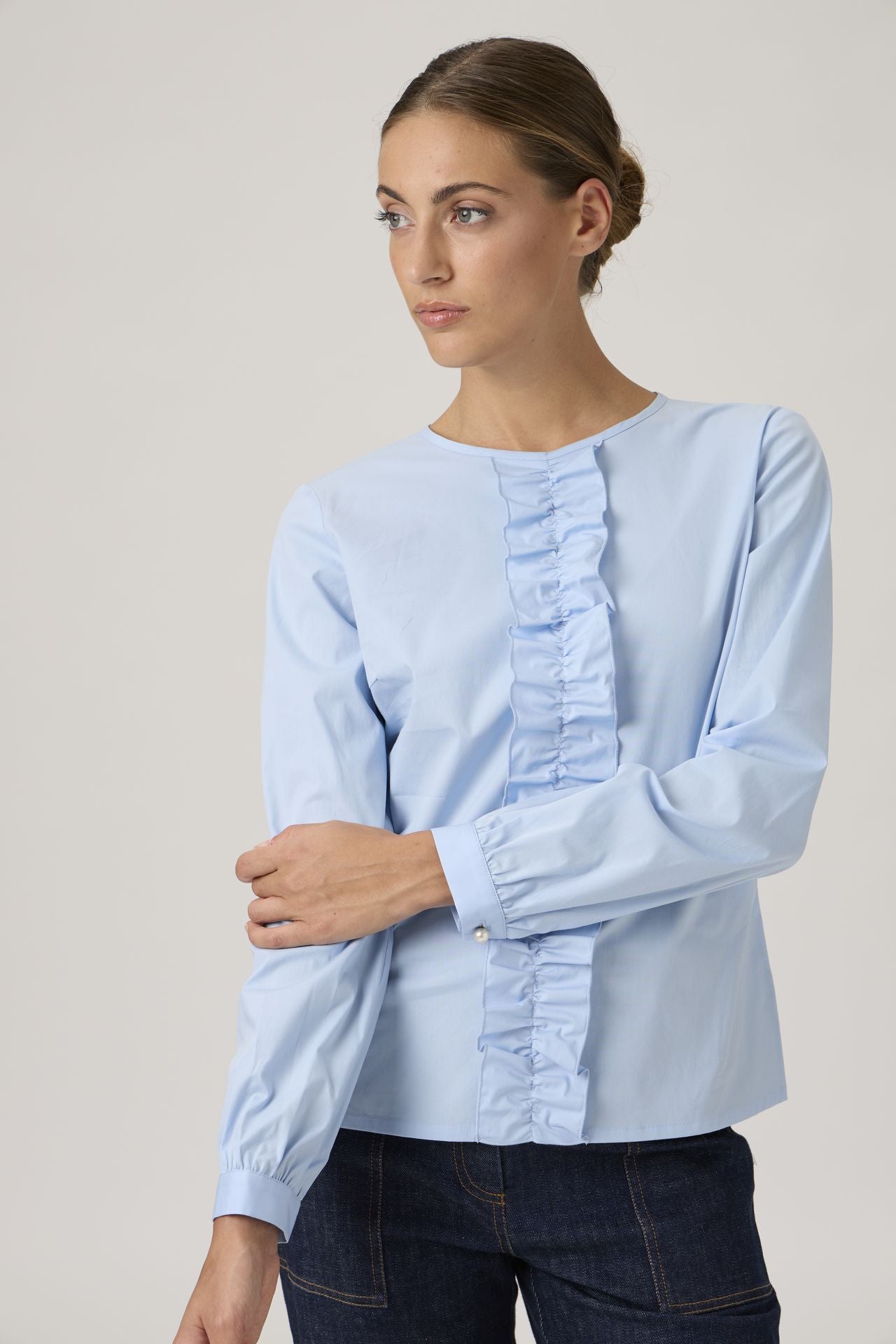 Classic blouse with ruffles - 208 Azurro