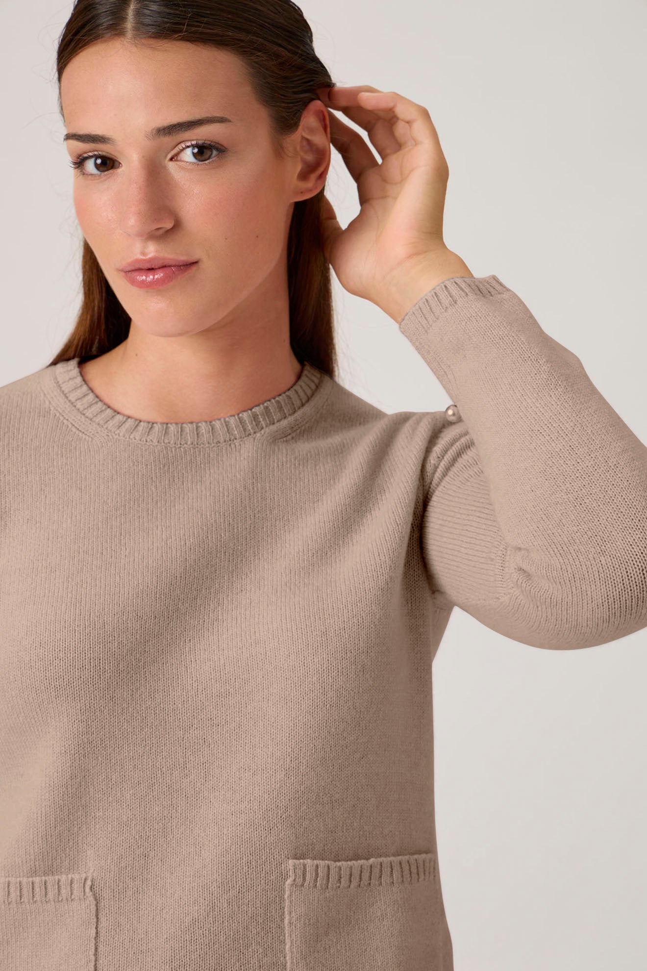 Soft Wool-Cashmere Sweater with Patch Pockets - 7067PT - Beige