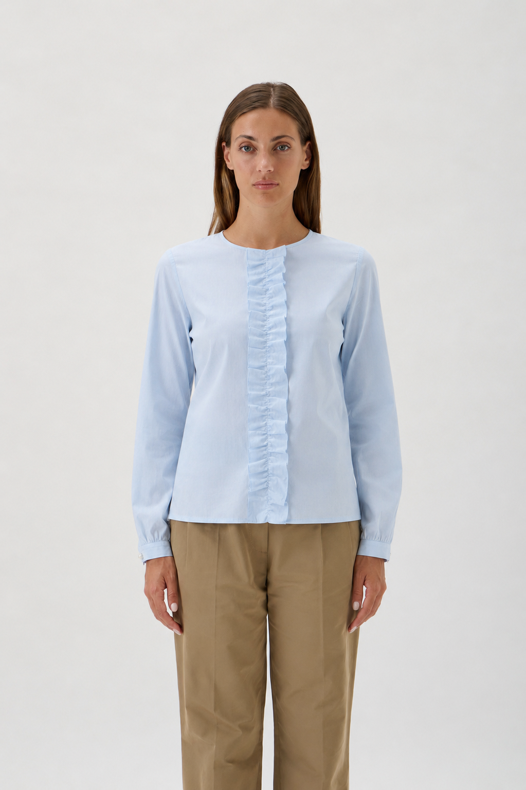 Blouse Rouge In Front Maxlin 208 Light Blue – front view with ruffle details