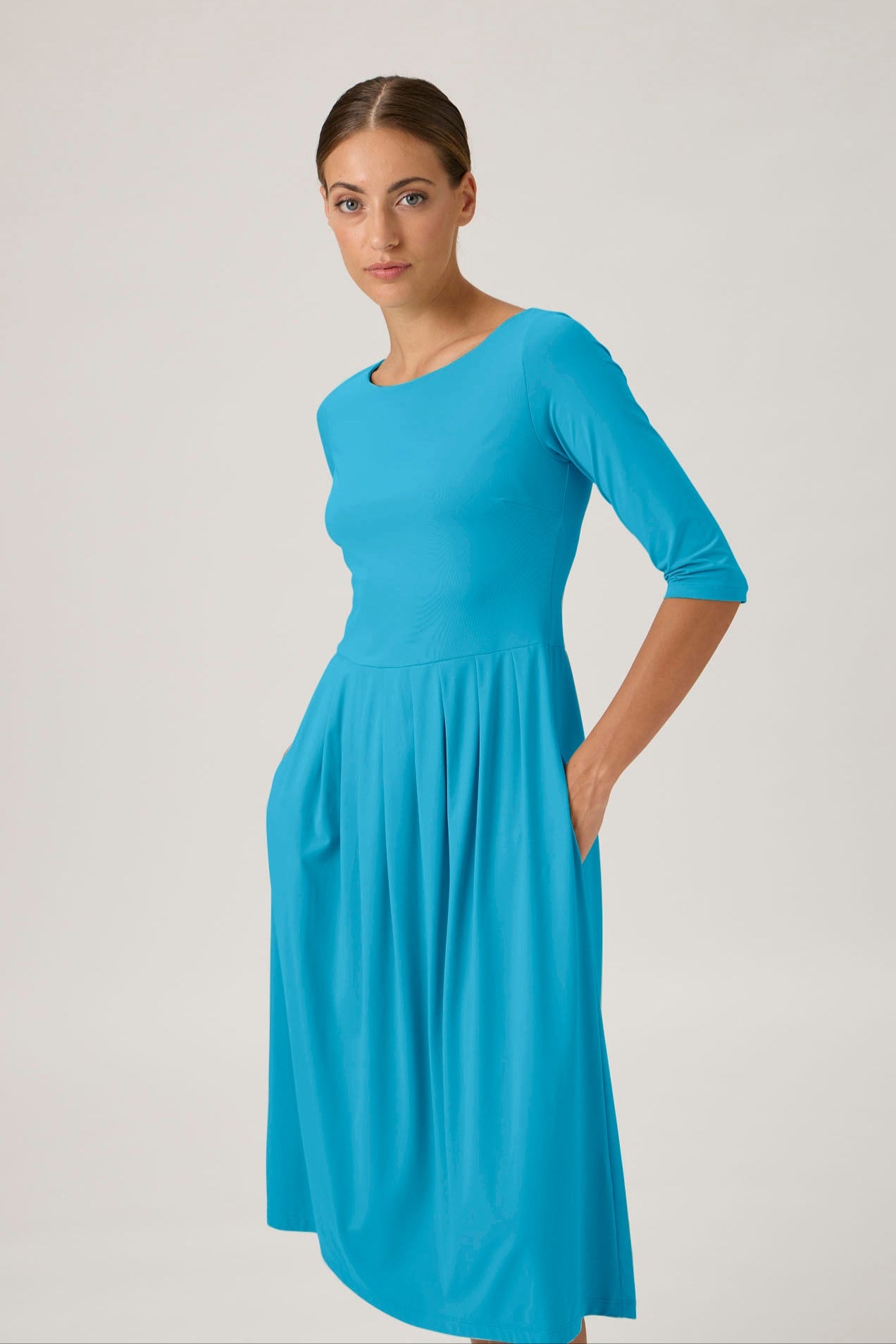 Pleated Boatneck Dress - Dark Turquoise