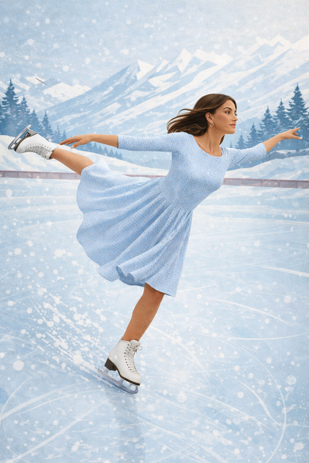 Long Dress with Pleated Skirt – Nilo 9498 Print Light Blue