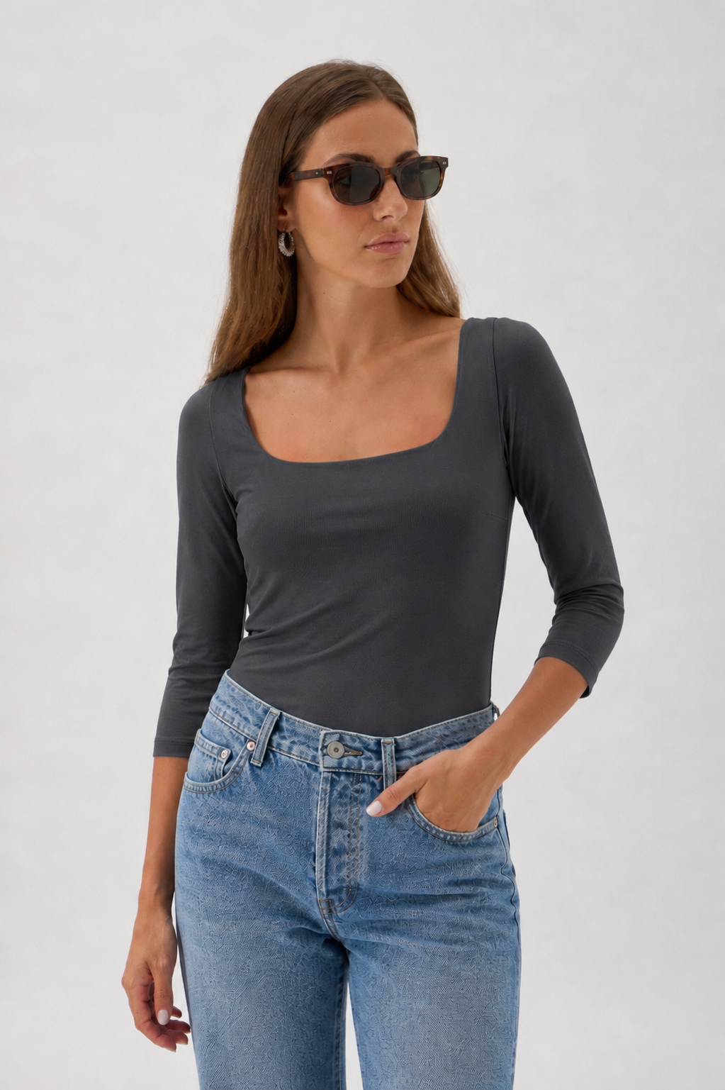 Luxury Square Neck Top with 3/4 Sleeves – Elegant Scandinavian Stretch Top | ELISE GUG