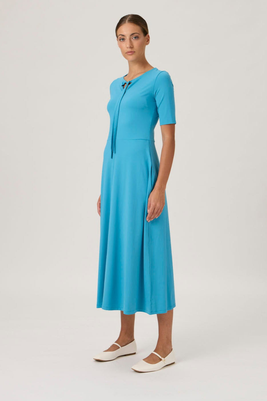 Tie-Neck Flared Midi Dress - 9499 Dark Turquoise