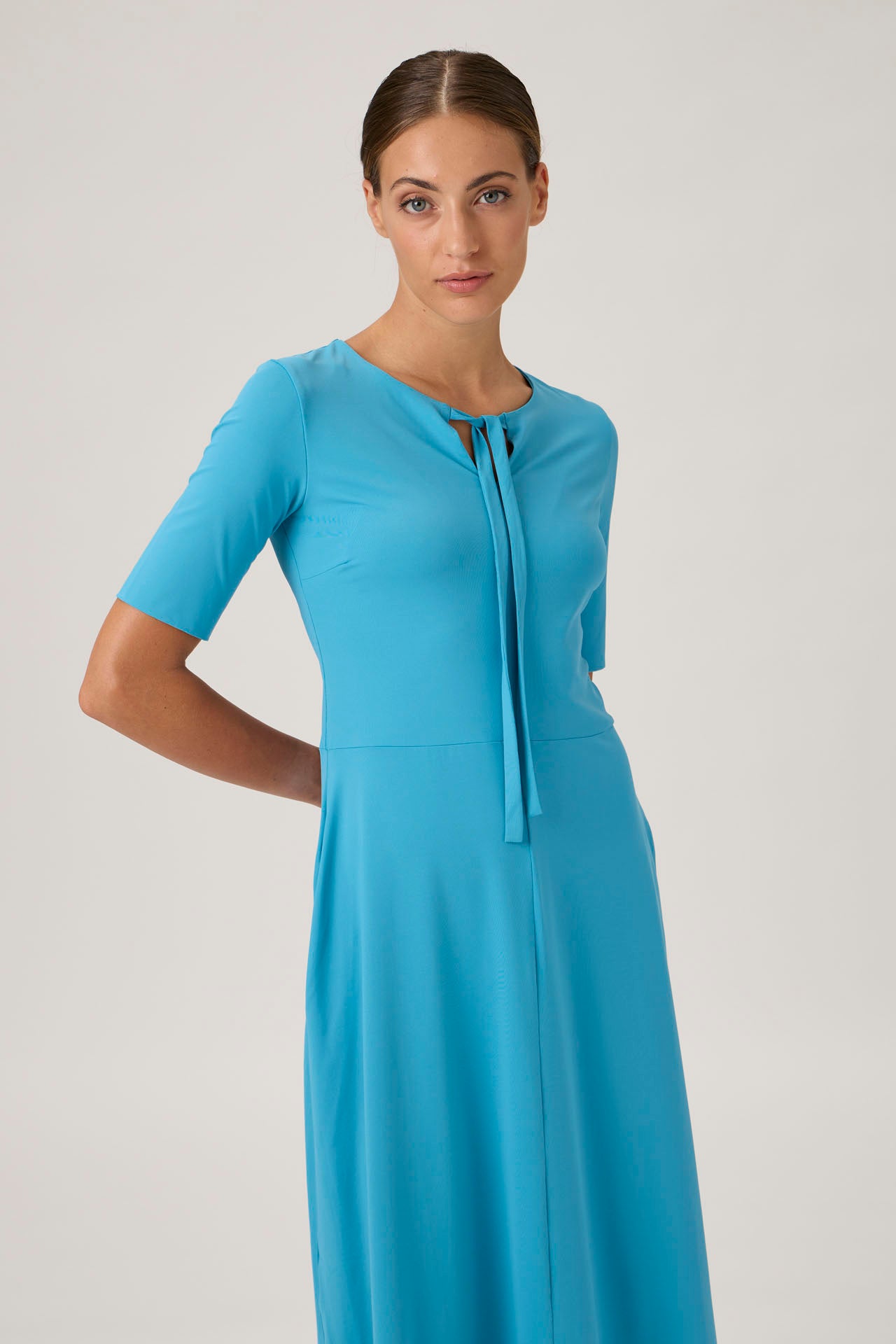 Tie-Neck Flared Midi Dress - 9499 Dark Turquoise