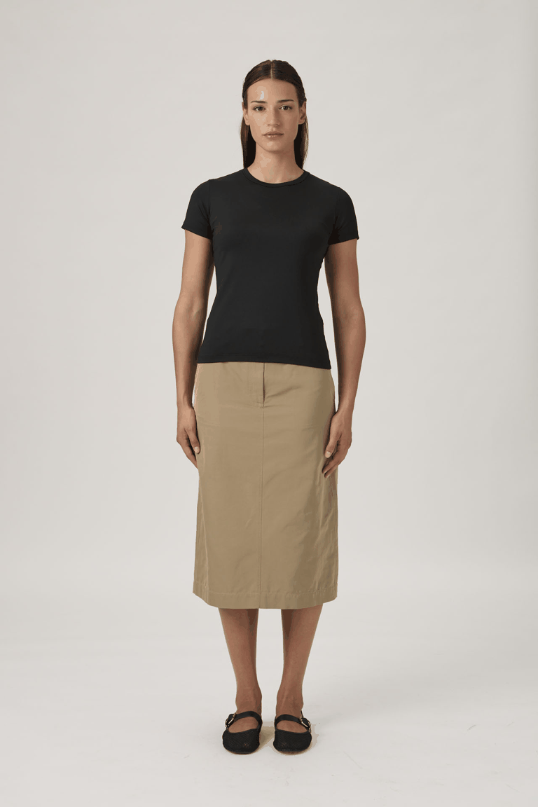 High-Waist A-Line Midi Skirt with Belt - Beige