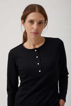 Henley blouse with pearl buttons - Black