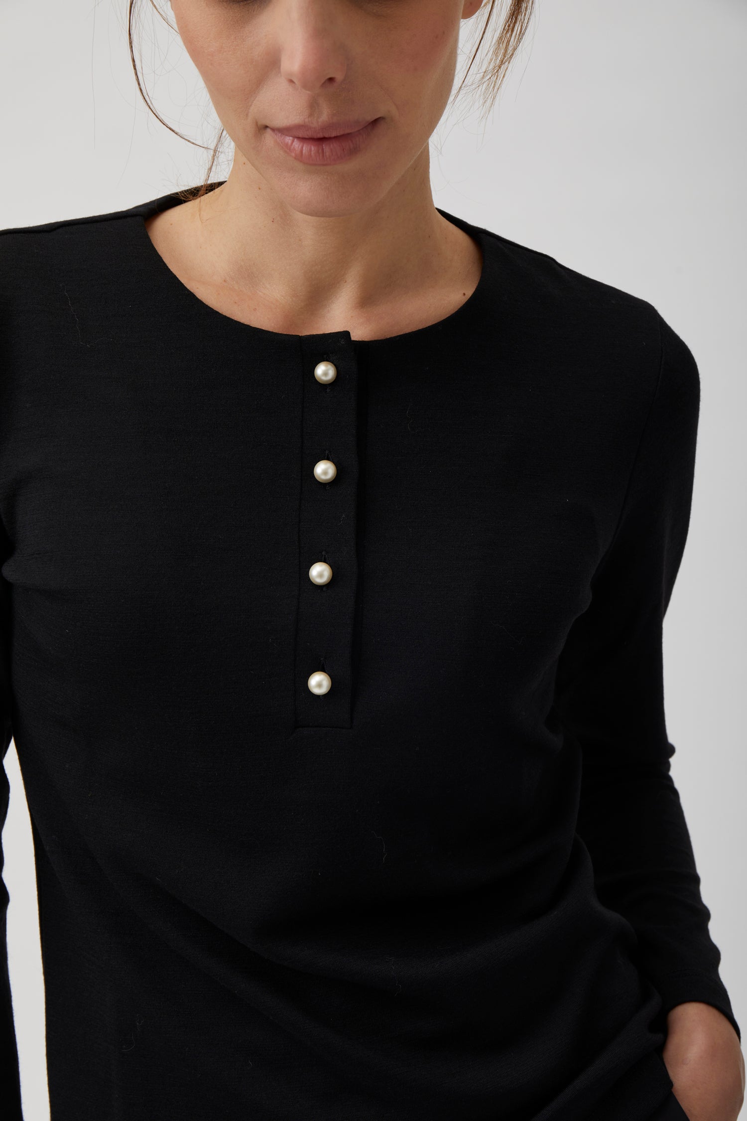 Henley blouse with pearl buttons - Black