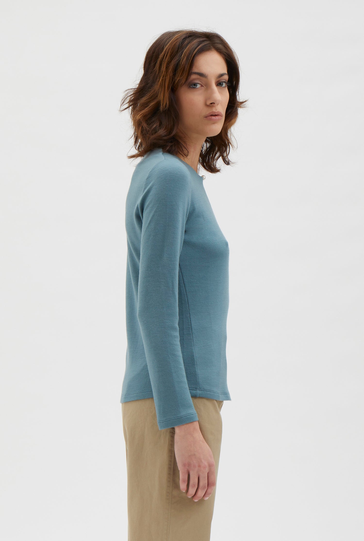 Blouse with a pearl button detail front, long sleeves - Green/Blue