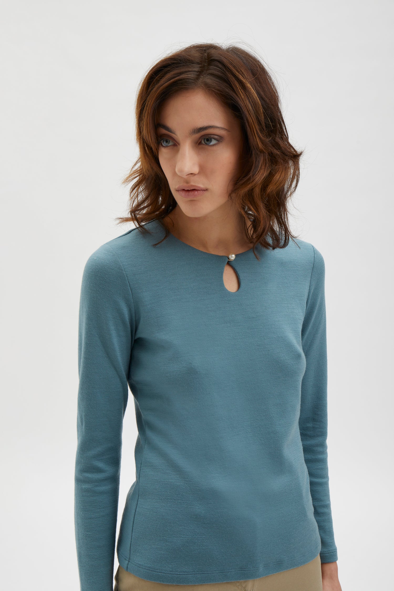 Blouse with a pearl button detail front, long sleeves - Green/Blue