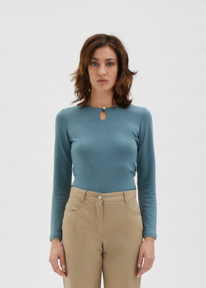 Blouse with a pearl button detail front, long sleeves - Green/Blue