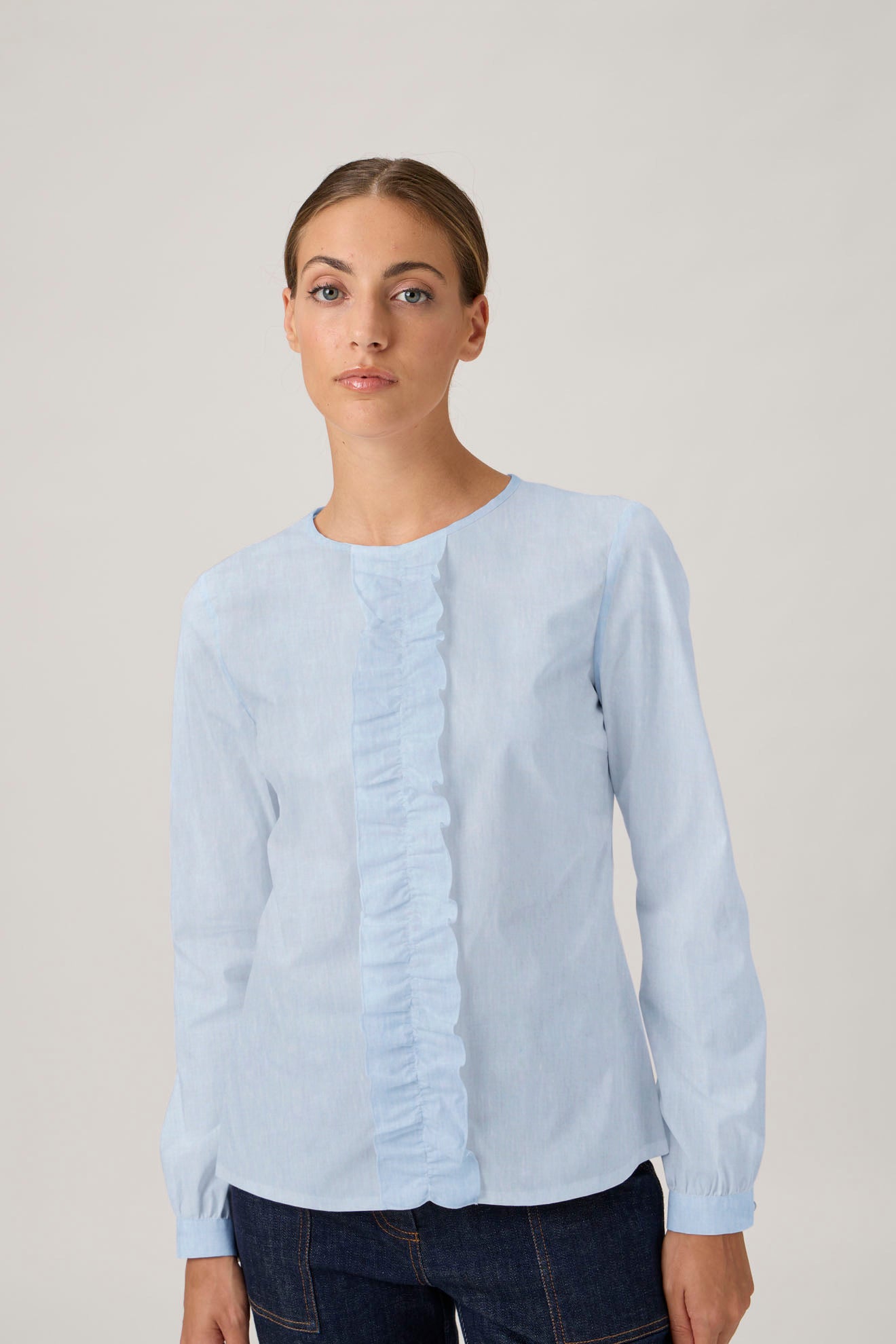 Ruffled Cotton Blouse – 208 Maxlin 208 LIGHT BLUE