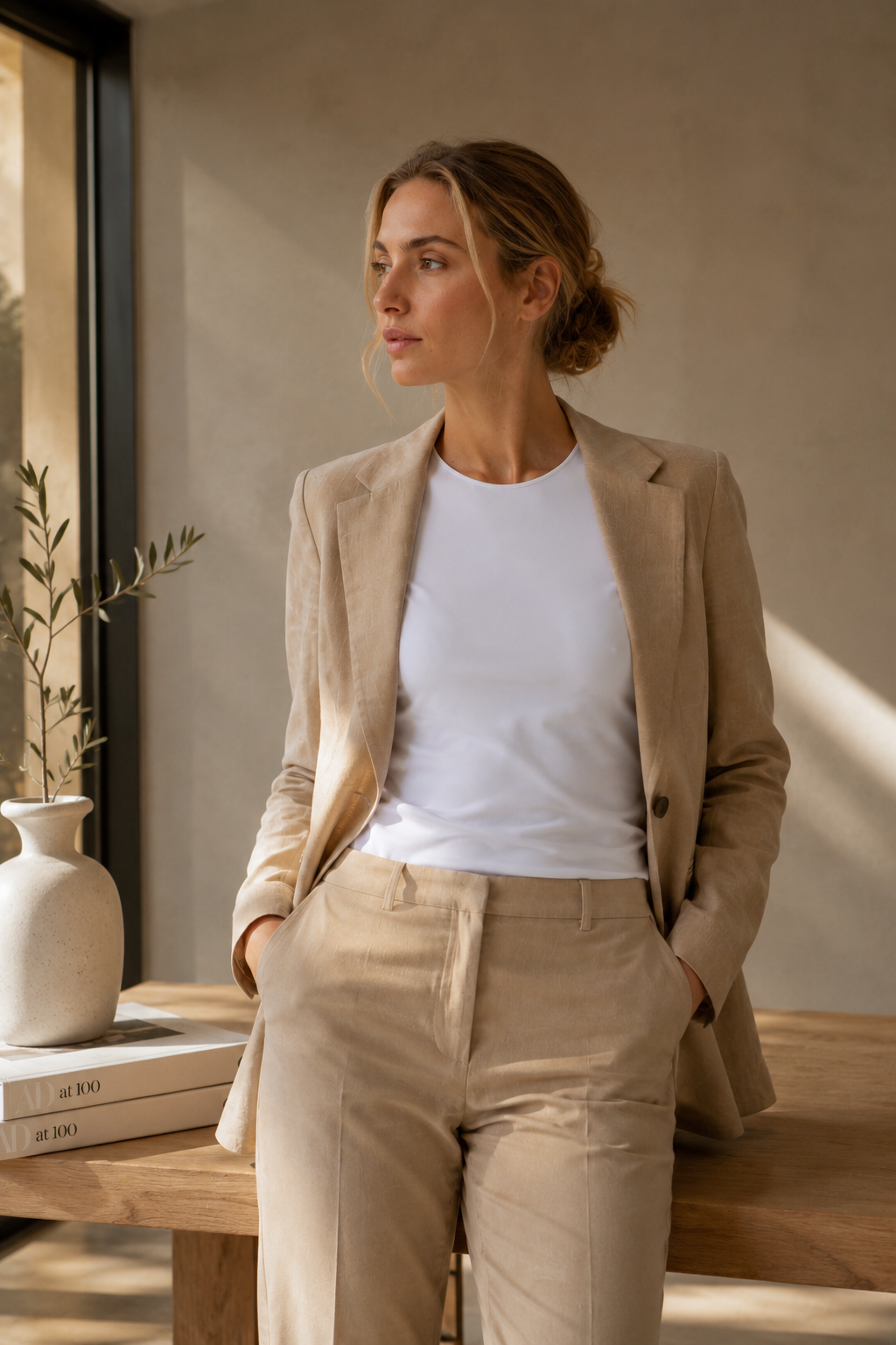 Tailored White sleeveless Nilo top styled with relaxed elegance.