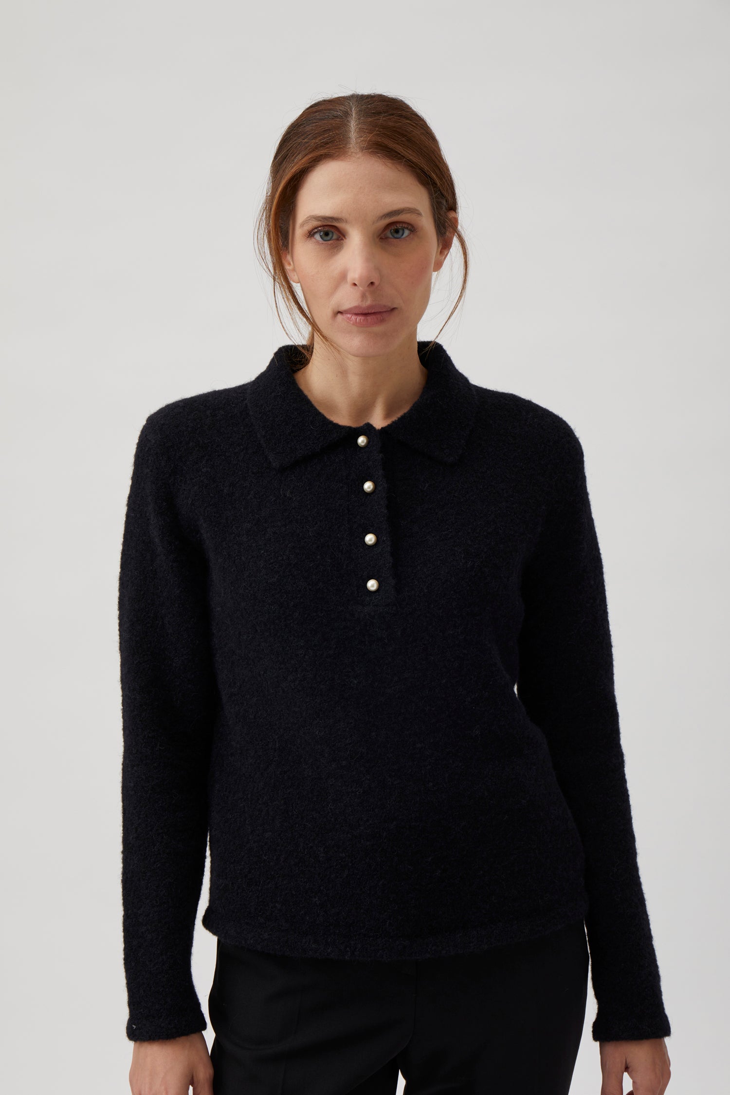 Polo sweater with pearl buttons - Black