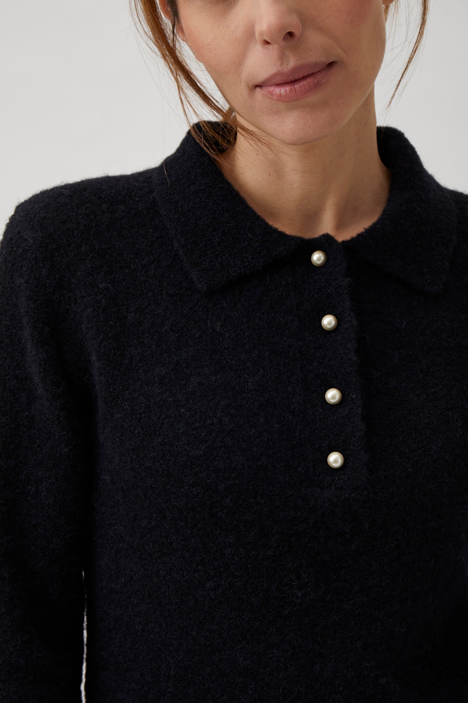 Polo sweater with pearl buttons - Black