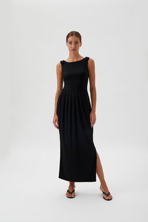 Sleeveless Maxi Dress with Shoulder Bows - Black