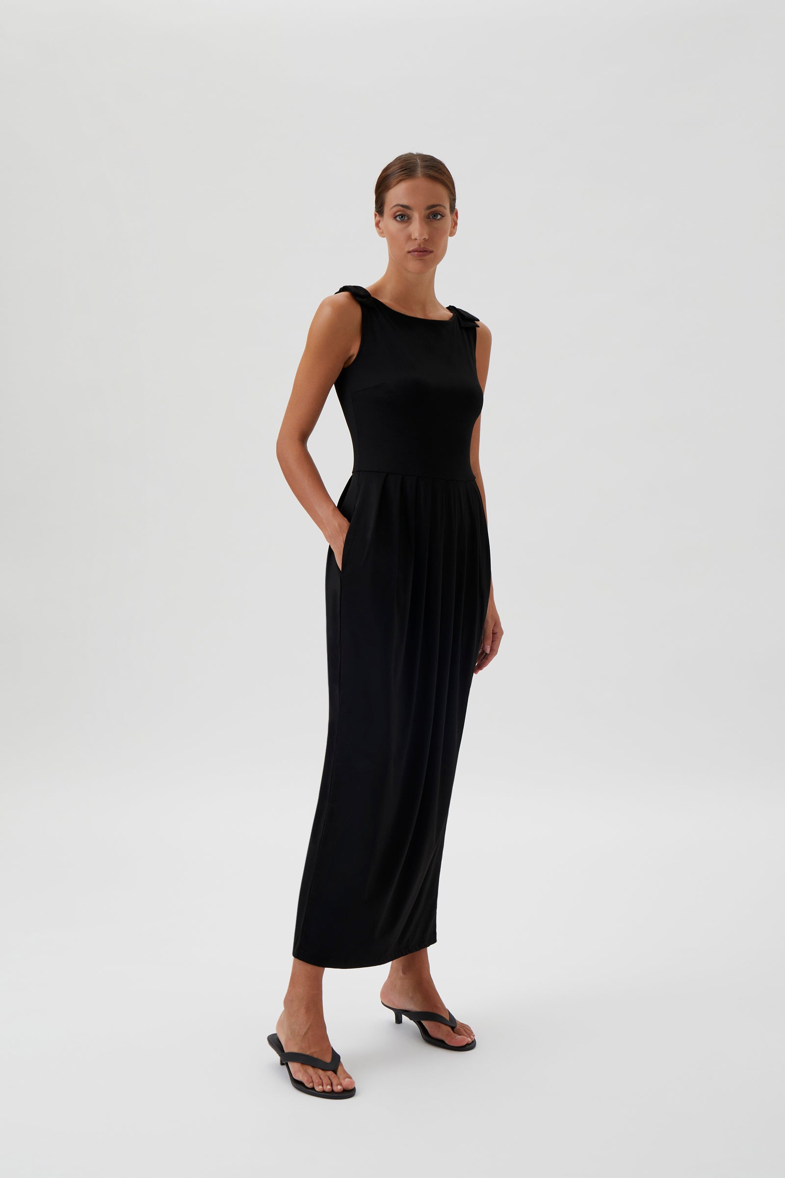 Sleeveless Maxi Dress with Shoulder Bows - Black