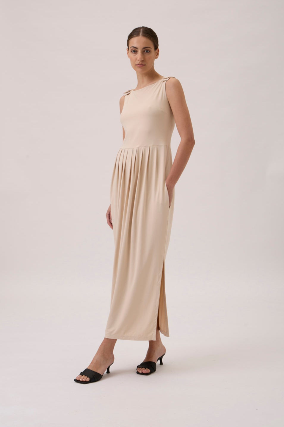 Sleeveless Maxi Dress with Shoulder Bows - Peanut