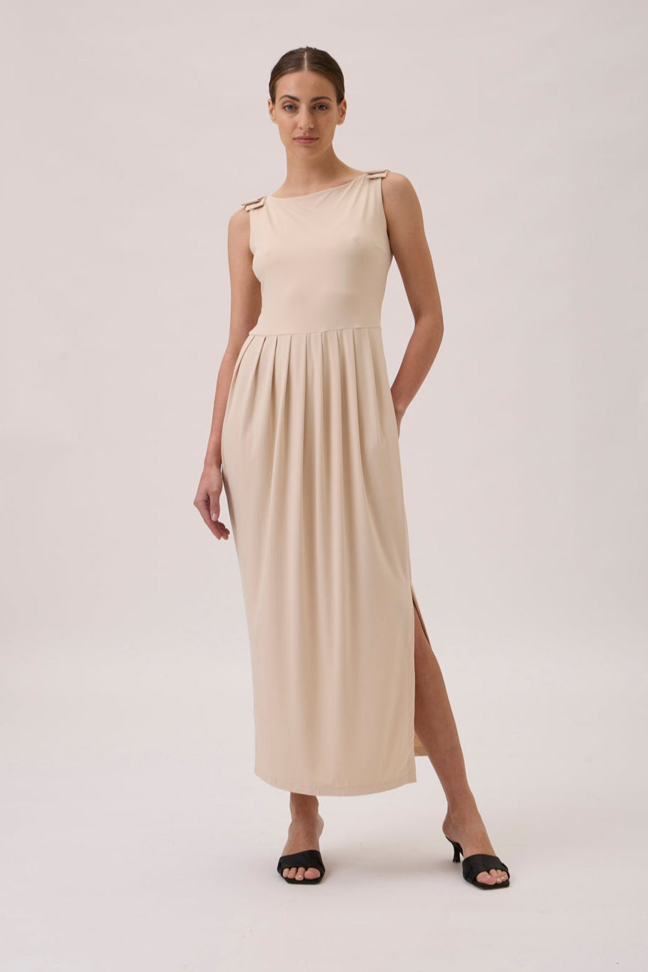 Sleeveless Maxi Dress with Shoulder Bows - Peanut
