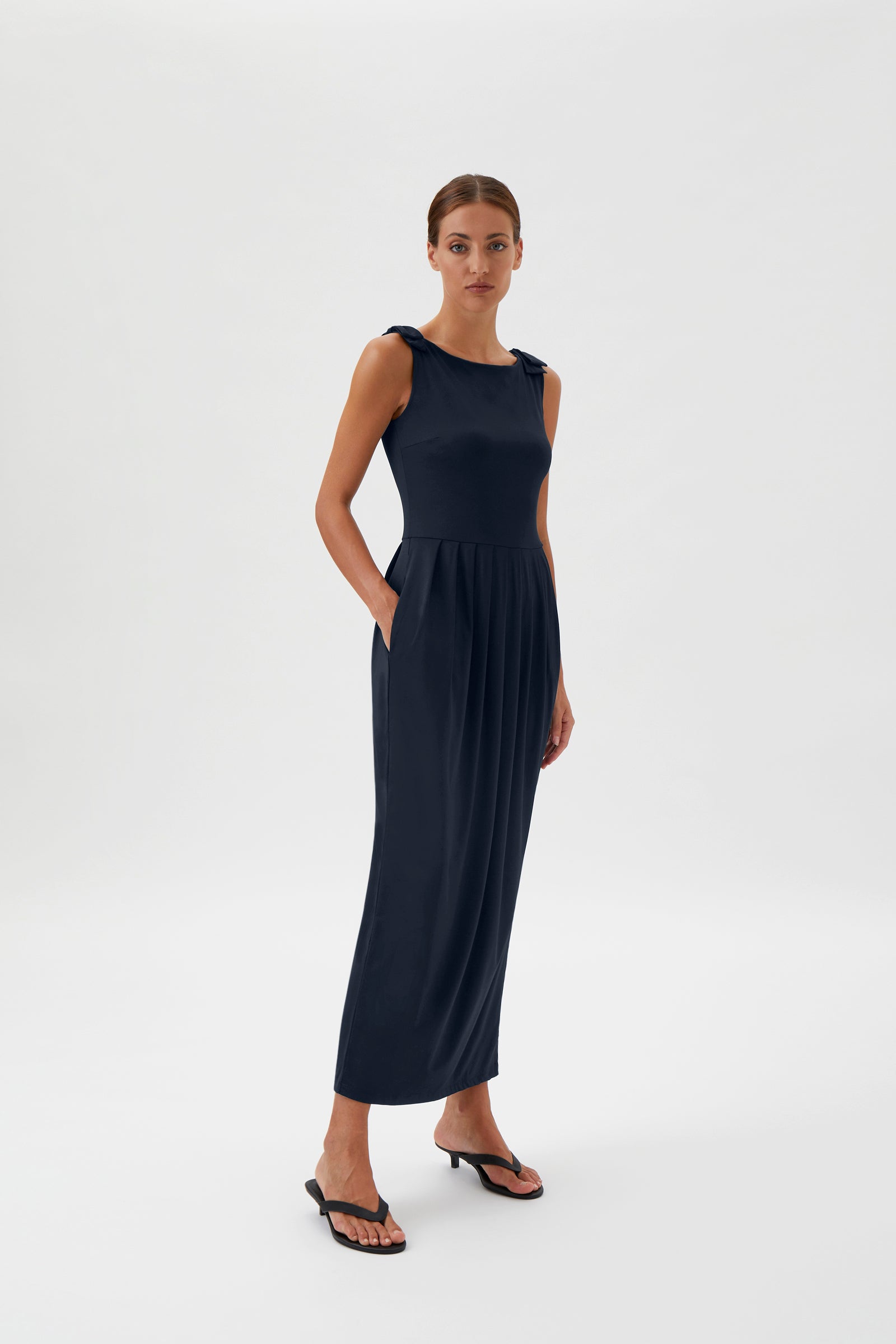 Sleeveless Maxi Dress with Shoulder Bows - Blue Crew