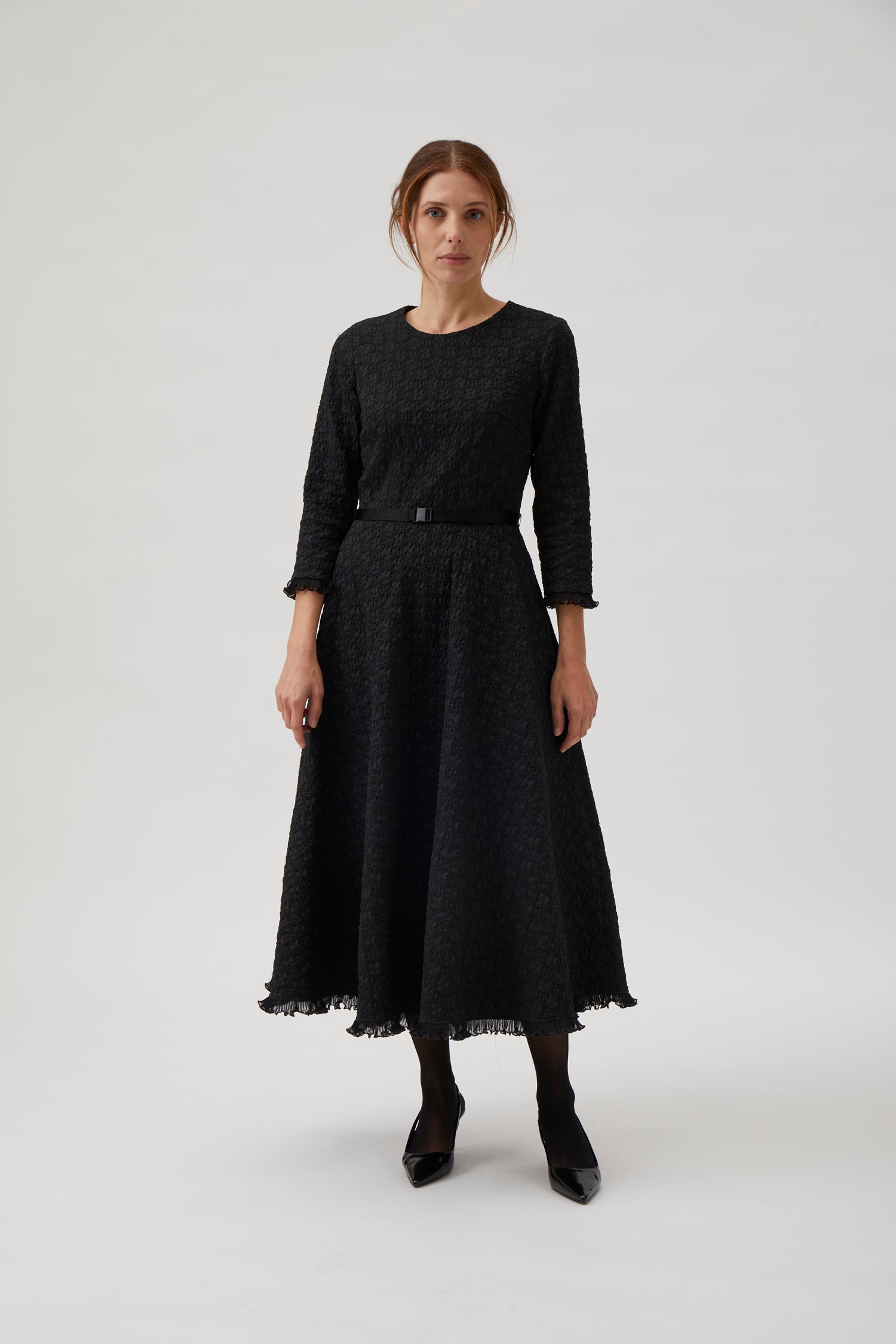 Dress in jacquard with belt - Black