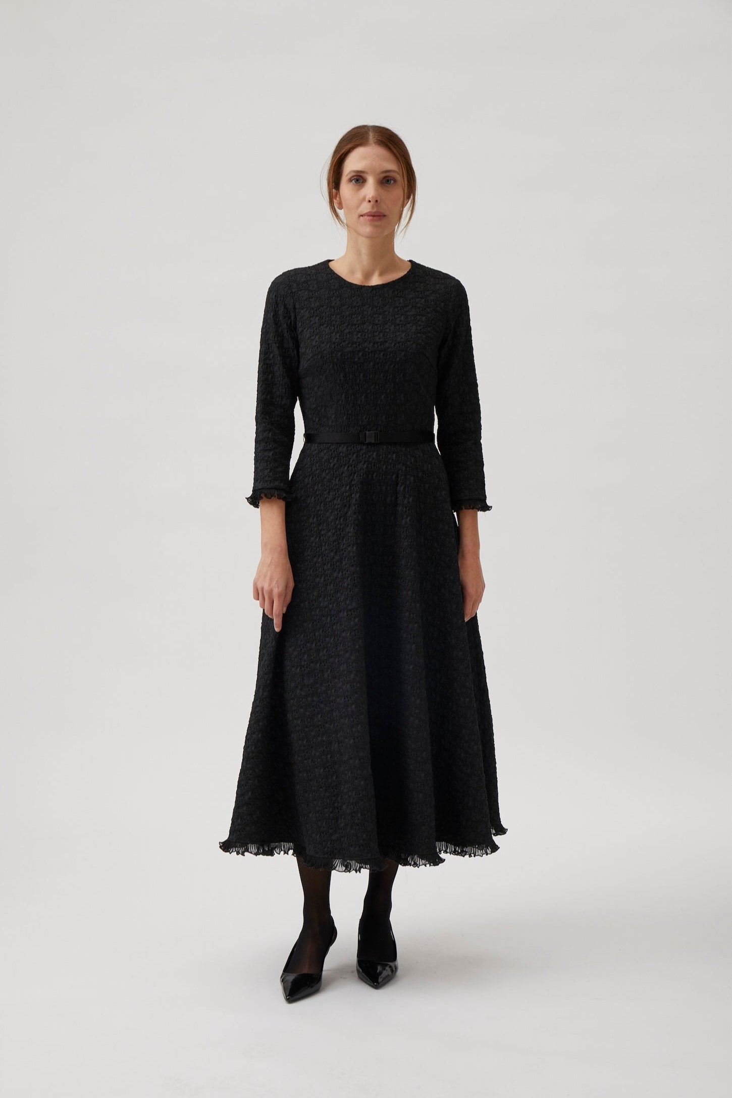 Dress in jacquard with belt - Black