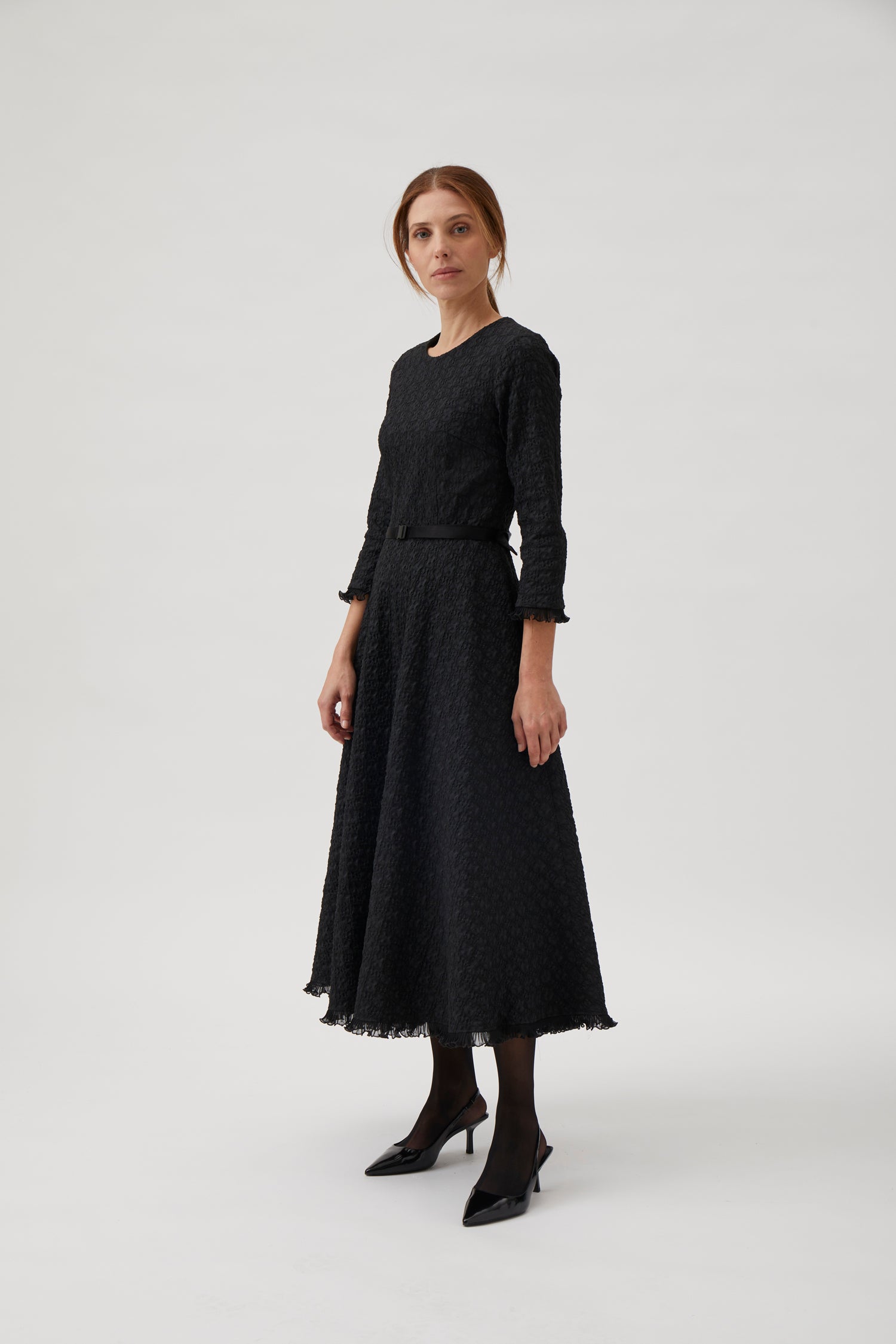 Dress in jacquard with belt - Black