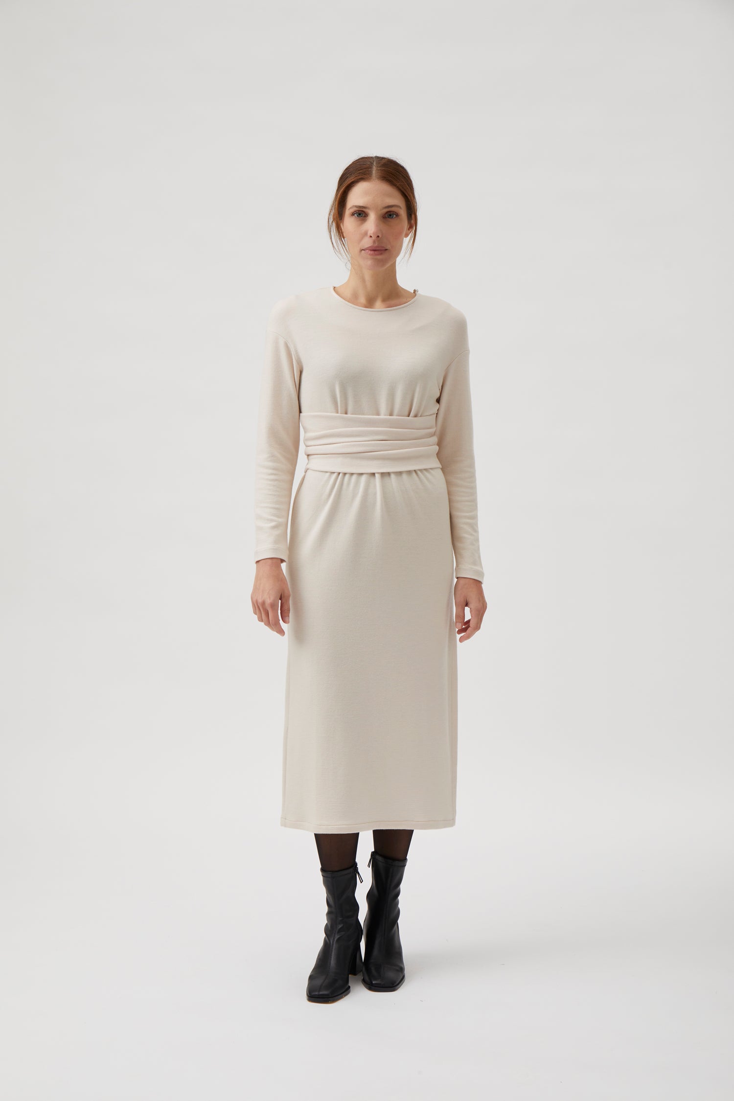 Medi dress with belt - Cream