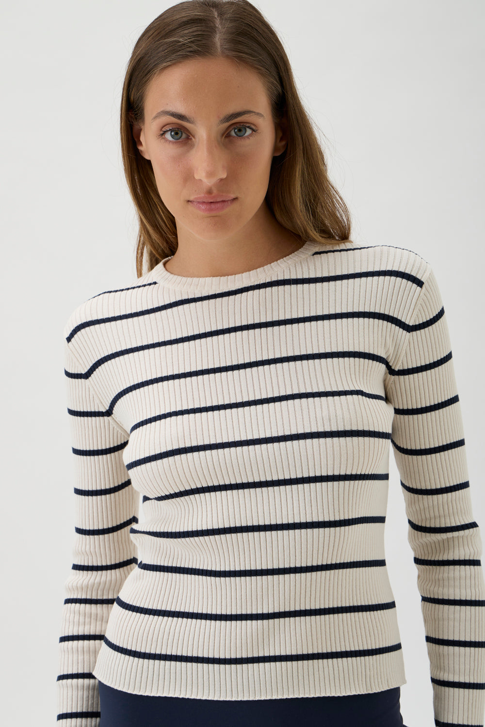 A slim-fit ribbed long sleeved sweater with a round neckline - Agusta 7068 Navy Stripes