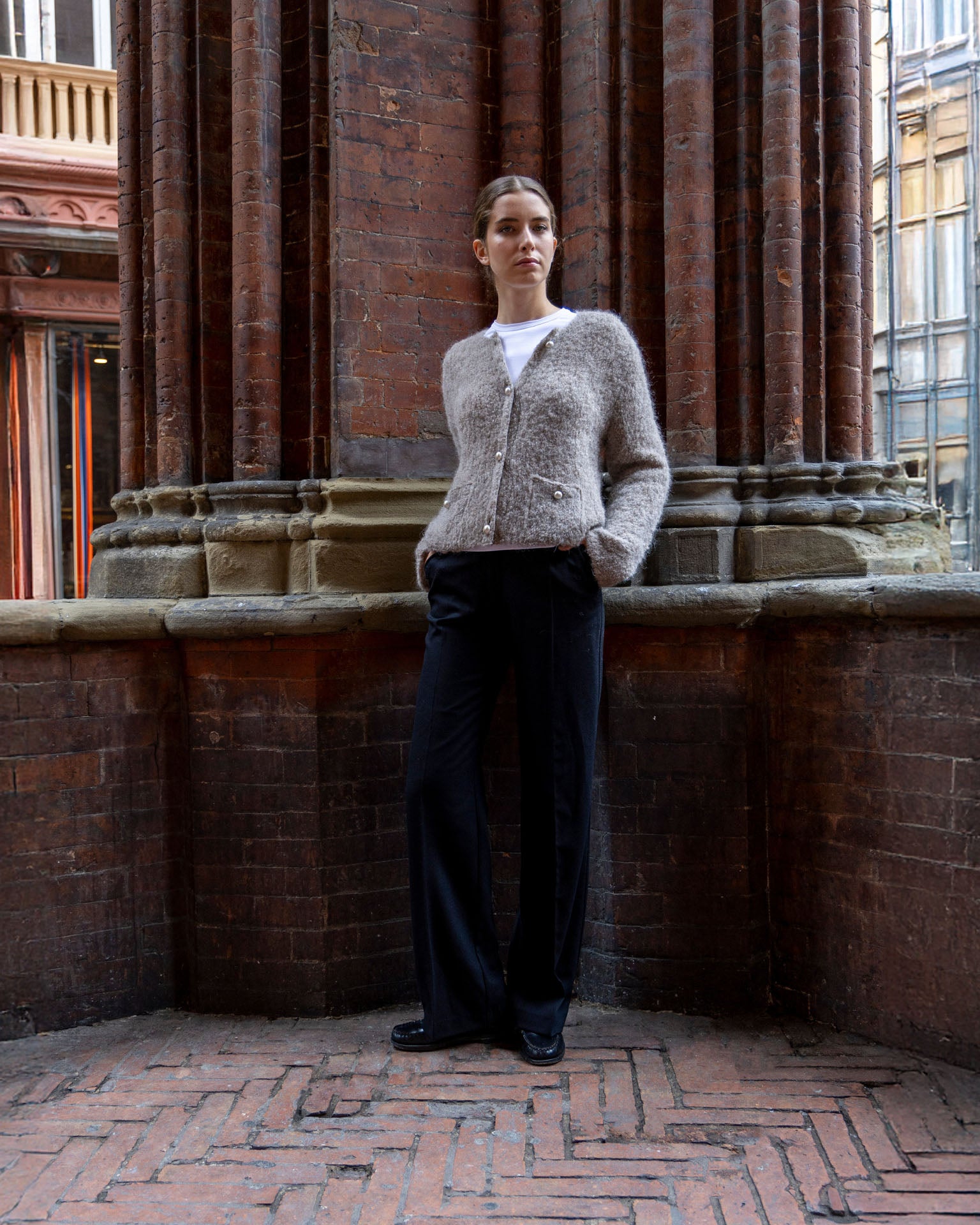 Alpaca cardigan with pearl button - Beige melange