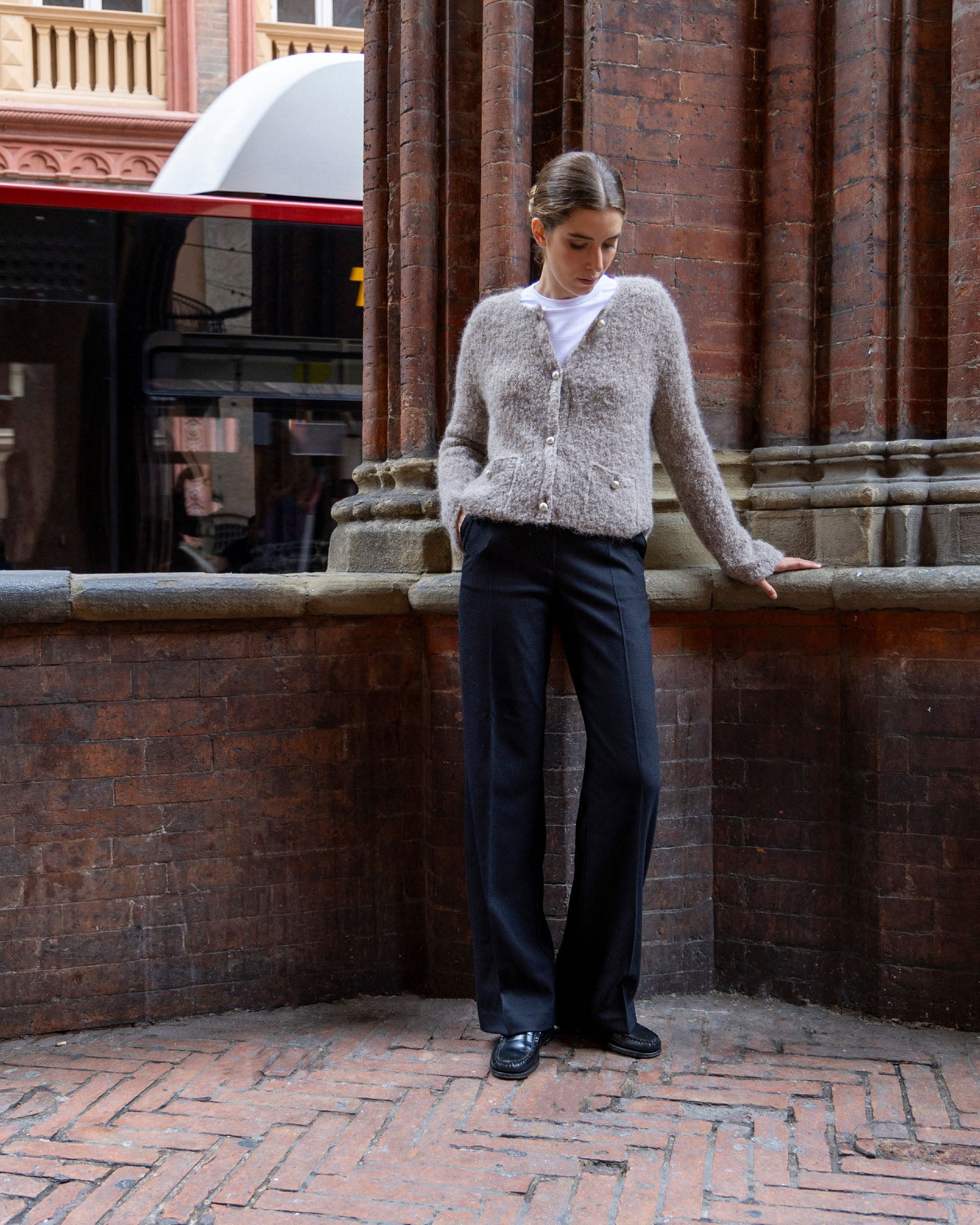 Alpaca cardigan with pearl button - Beige melange