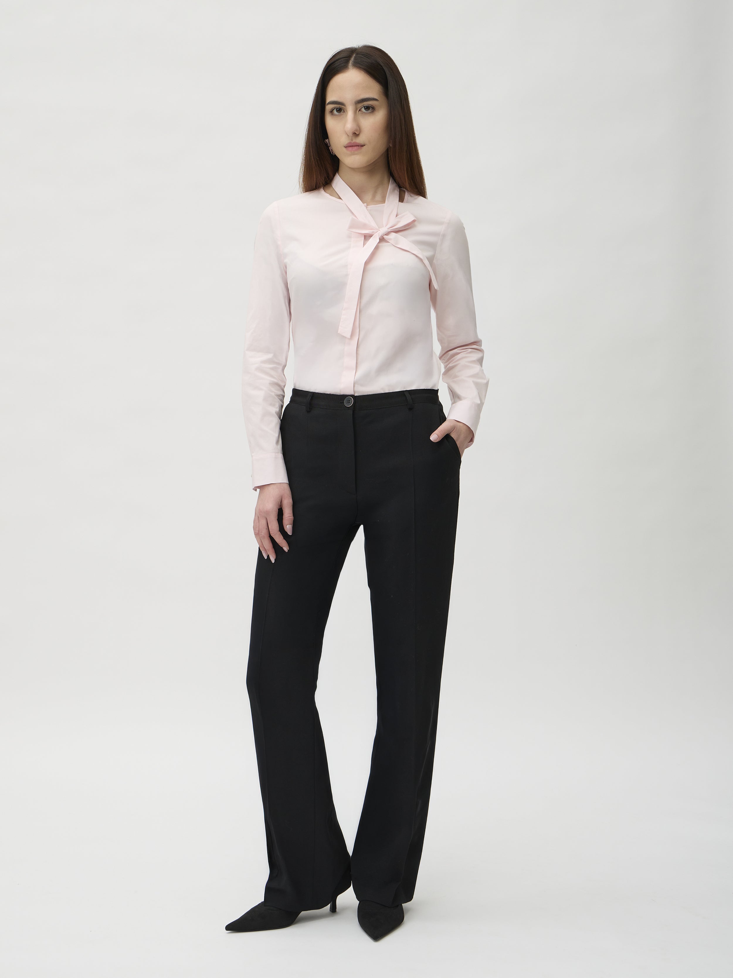 Blouse with Scarf in Bormio Rosa – full length look styled with wide leg trousers – ELISE GUG