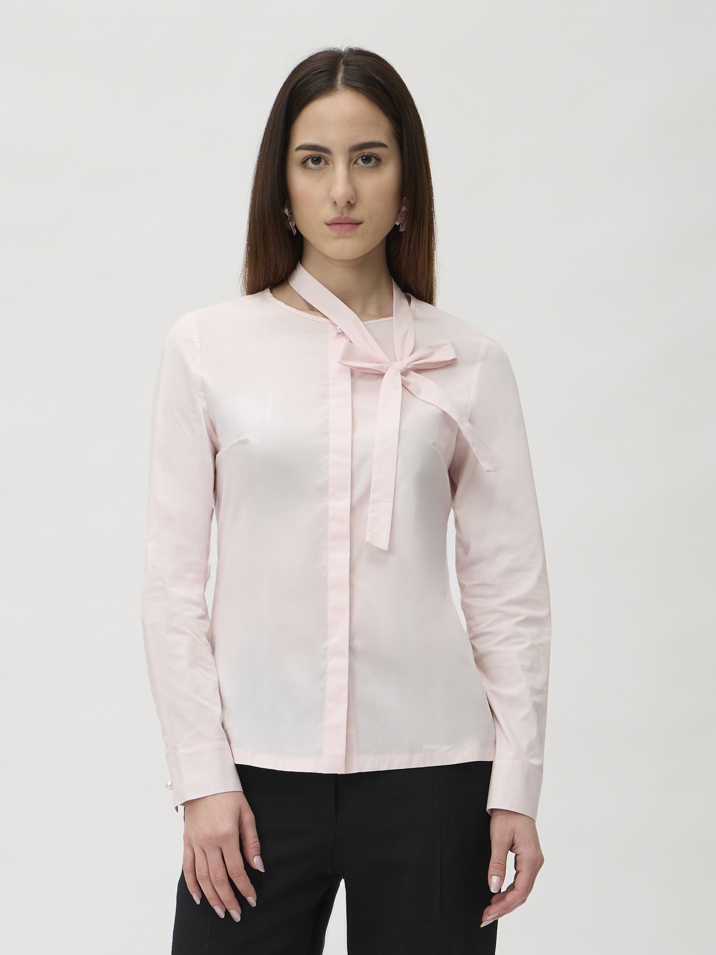 Blouse with Scarf in Bormio Rosa – front view, scarf tied at neckline – ELISE GUG