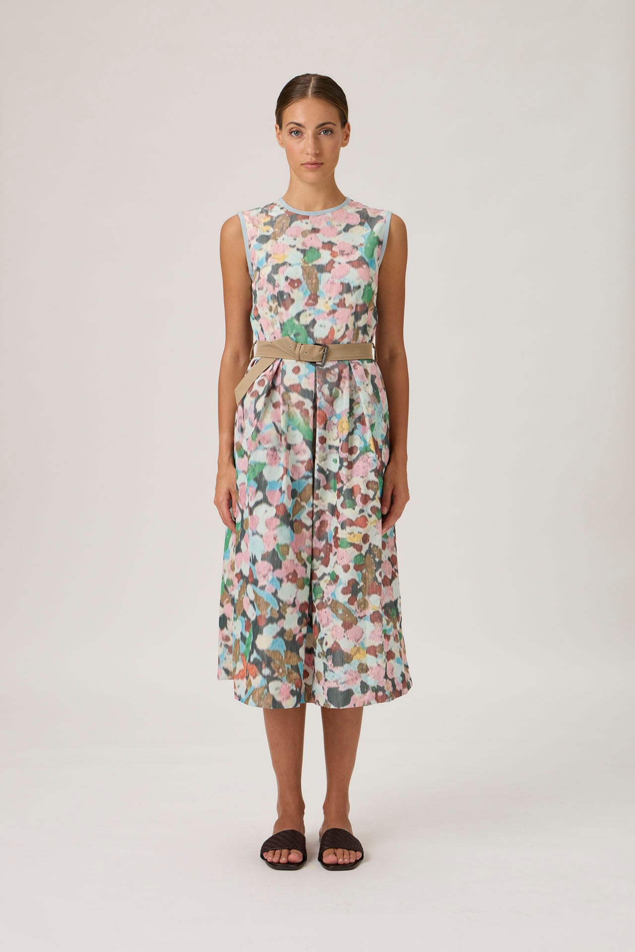 Sleeveless Midi Dress with Belted Waist - Fiori