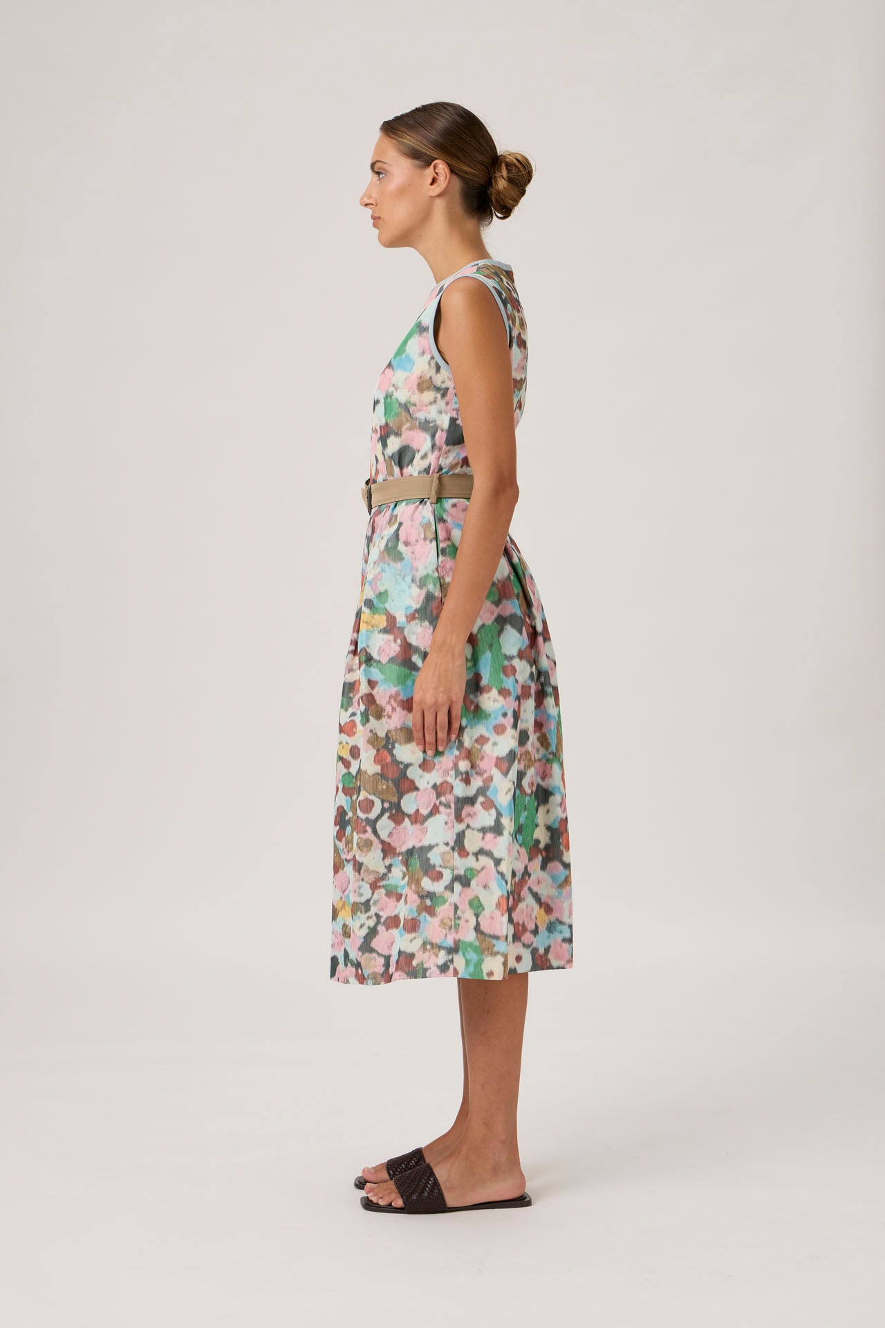 Sleeveless Midi Dress with Belted Waist - Fiori