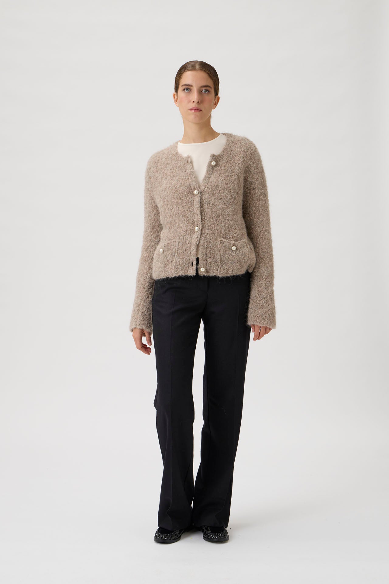 Alpaca cardigan with pearl button - Beige melange