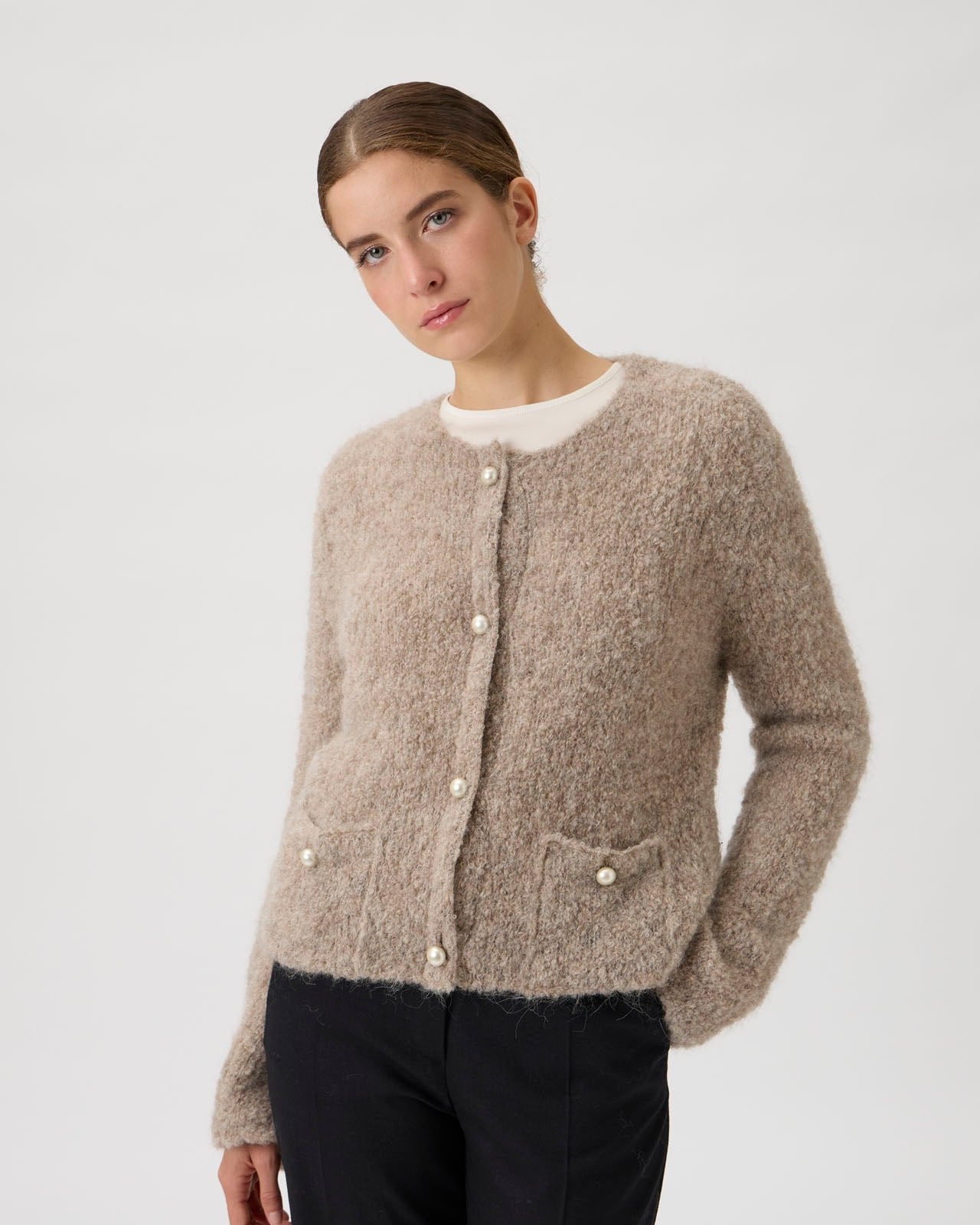 Alpaca cardigan with pearl button - Beige melange