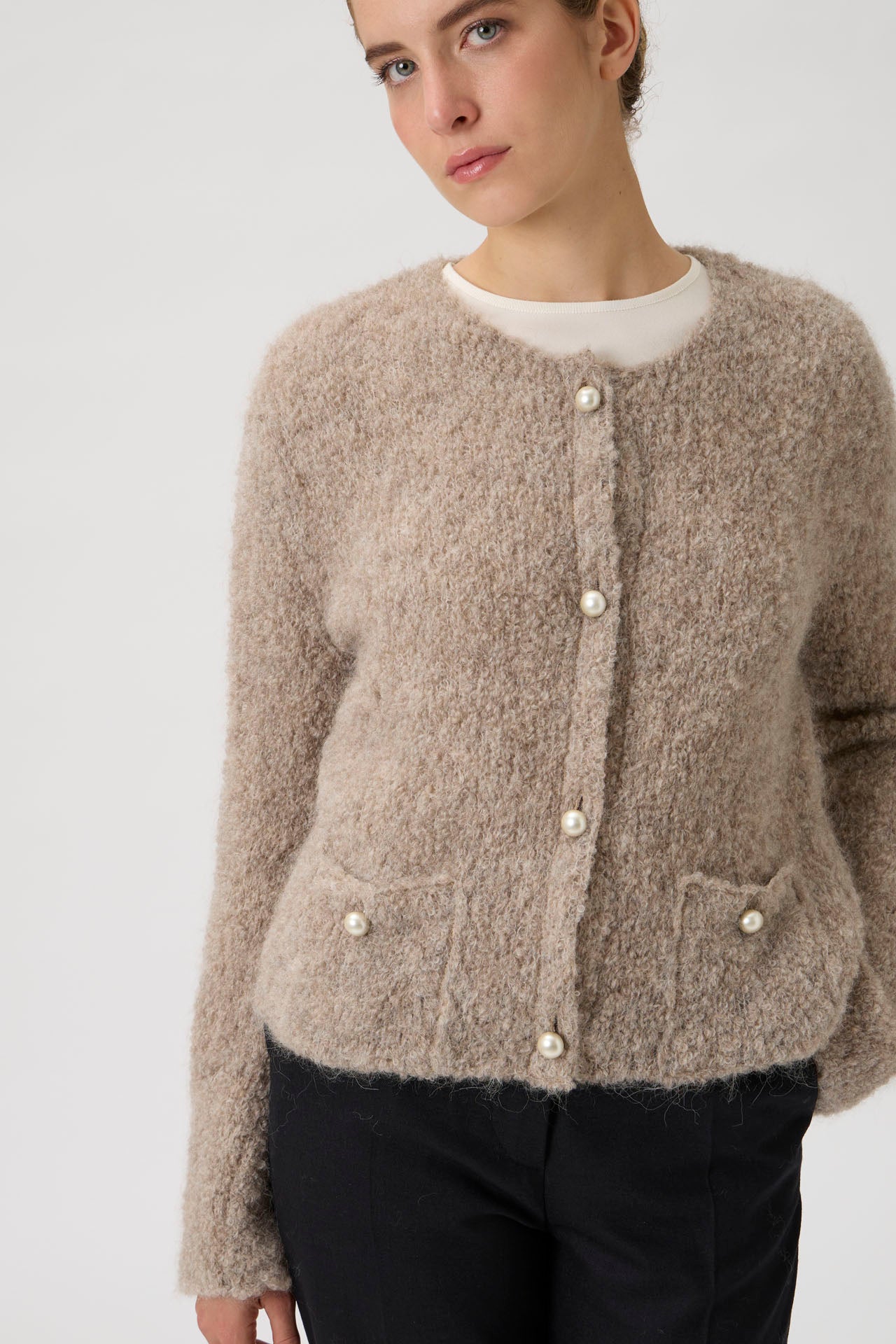 Alpaca cardigan with pearl button - Beige melange