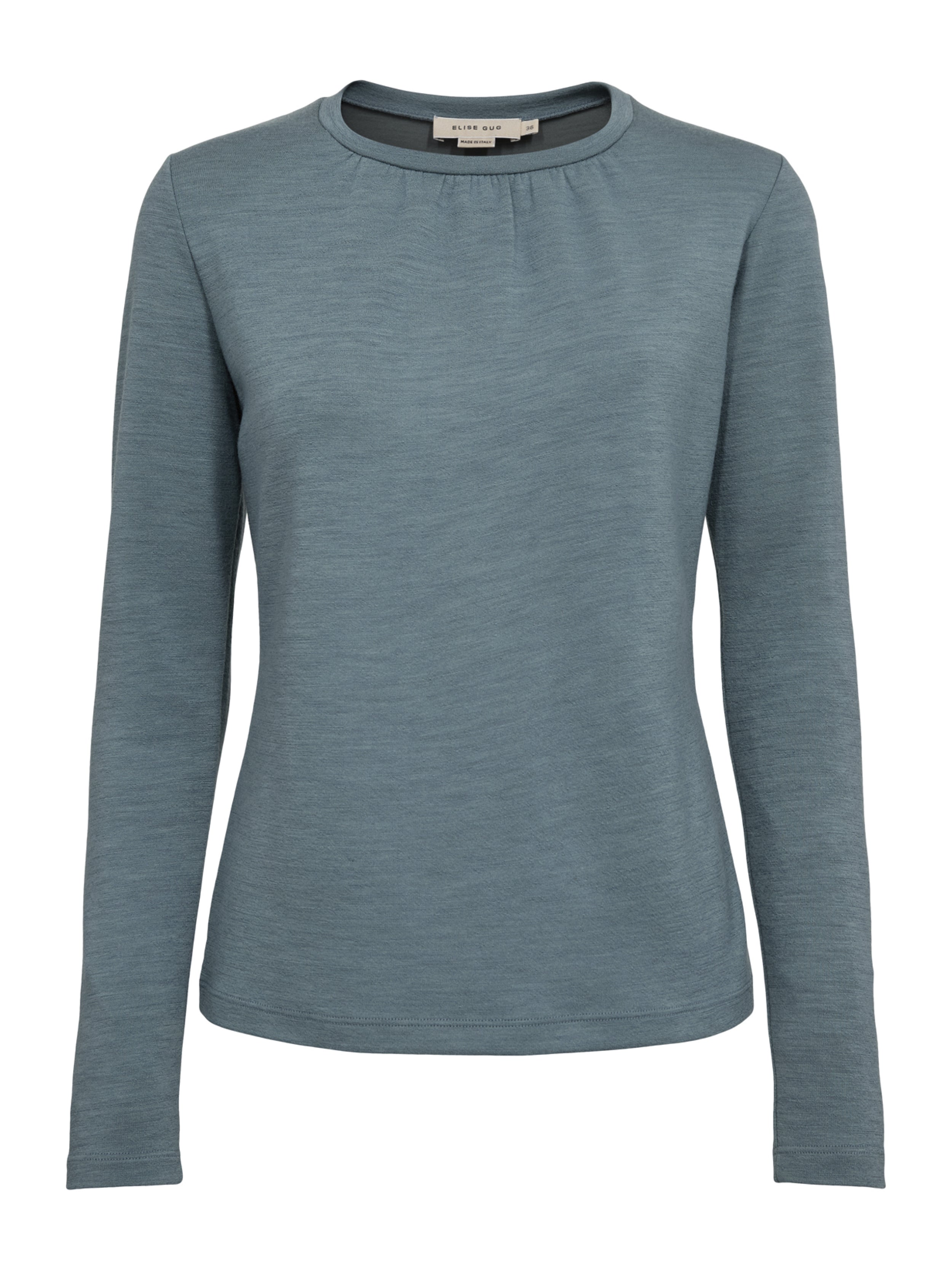 Blouse Wrinkled Neckline in Darfo 1200 Green Blue – product shot on white background – ELISE GUG