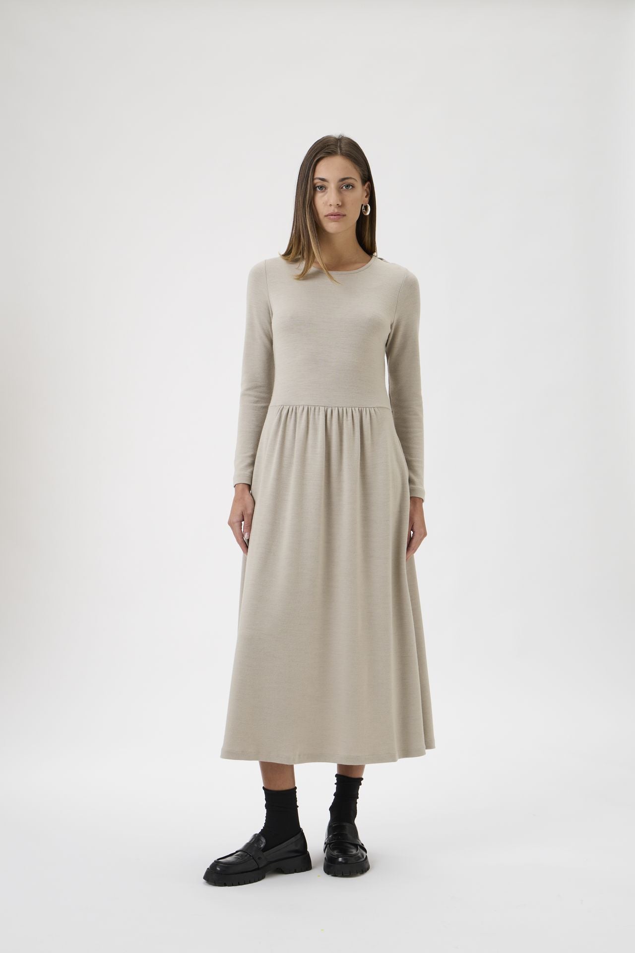 Gug Dress Open Round Neck Long Sleeves Medium - 9483 Beige